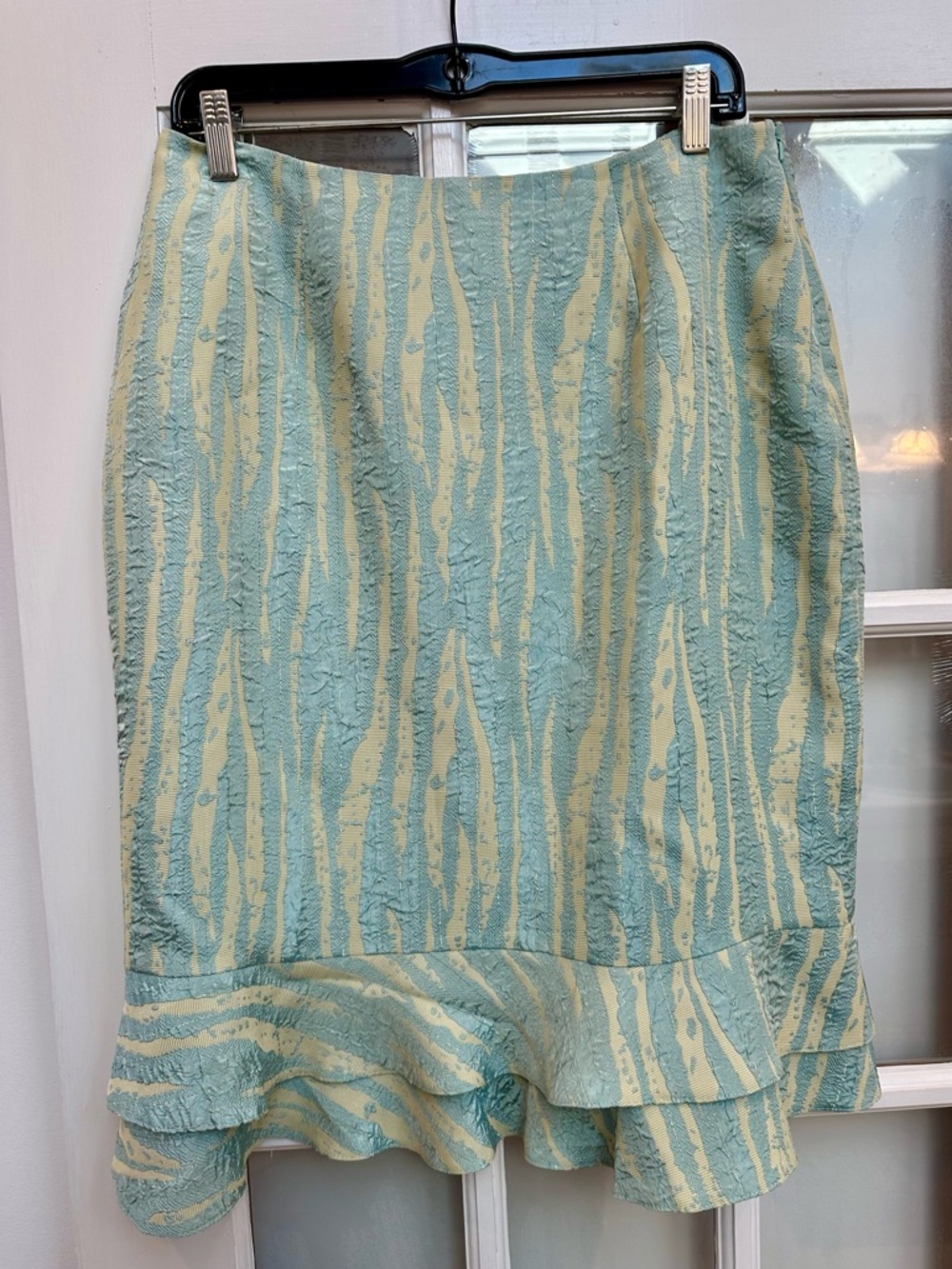 Vintage Liz Elana Sea Green Cream Metallic Shimmer Ruffle Hem Skirt Size 12 M L